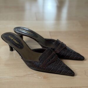 Vintage 90s Nine West Brown Croc Mules - Size 6M - Kitten Heel Office Siren